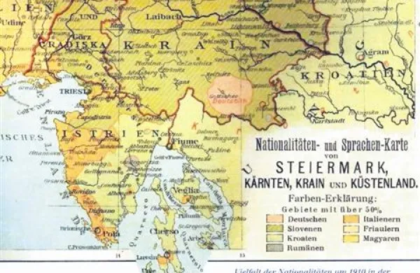Narodnostna slika v avstrijskem Primorju glede na popis iz leta 1910. Različne barve kažejo, kje je posamezen narod predstavljal več kot polovico prebivalstva: zelena za Slovence, rumena za Hrvate, oranžna pa za Italijane  