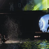 Tomi Meglič je večkrat skočil na nižji splav, bliže občinstvu, še zlasti pa tistim, ki so si privoščili nočno kopanje