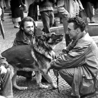 Sodelavci revije Mladina, ki jih je Šelhaus aprila 1992 fotografiral na ljubljanskem Trgu republike (z leve): fotoreporterja Tone Stojko in Diego Andrés Gómez ter novinar Ivo Štandeker s svojim psom Runom. Slednji je bil komaj dva meseca zatem ubit med poročanjem iz Bosne. Kmalu za njim je umrl še osamljeni Runo.