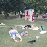 Ko na plaži zmanjka brezplačnih ležalnikov in senčnikov, se prileže tudi počitek na travi v senci mogočnih hrastov