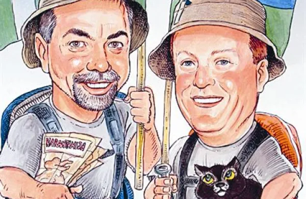 Karikatura  pohodnikov, ki sta se domislila zanimivega podviga
