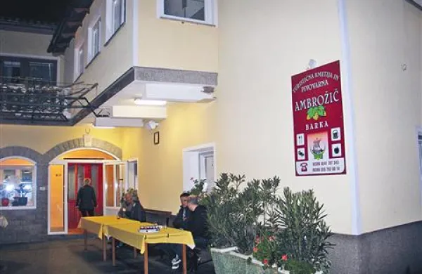 Značilen brkinski borjač pred vhodom v gostinski del turistične kmetije Ambrožič