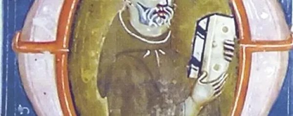 Brat Monald,  upodobljen v inicalki (začetnici)  ilustriranega rokopisa, ki ga hranijo v Padovi