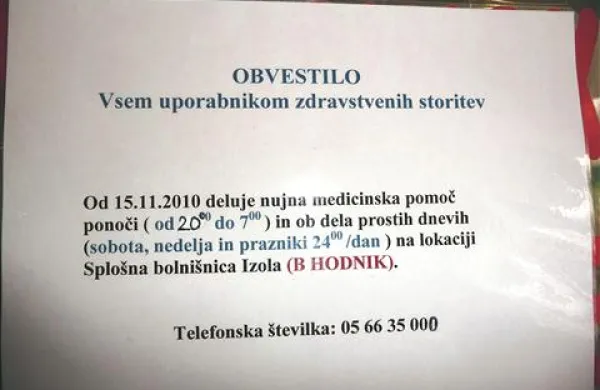 Po novem centralna urgentna ambulanta v izolski bolnišnici dela od 20. ure zvečer do 7. ure zjutraj.  