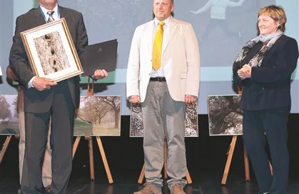 Šampionsko olje Zlate oljčne vejice je lani pridelal Boris Jenko (levo), ki sta mu priznanje predala Marinko Hrvatin, podpredsednik Dosi, in Milena Bučar Miklavčič, ki je vodila ocenjevalni panel 