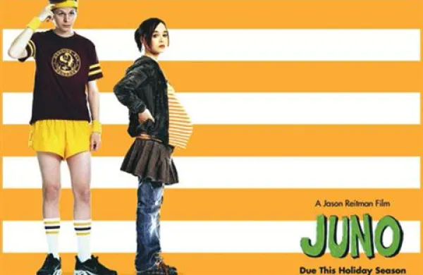 Plakat ameriške filmske uspešnice Juno v režiji Jasona Reitmana, ki smelo obravnava problematiko najstniške nosečnosti v ZDA.