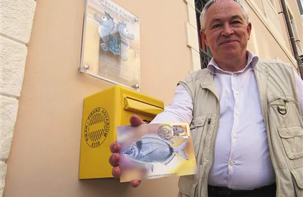 Filatelist Mitja Jančar z novo razglednico piranskega akvarija, na kateri je motiv ribe frater iz družine šparov