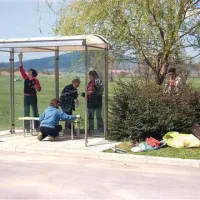 Pometali, pomivali, barvali in čistili so tudi po pivških vaseh, na fotografiji so Trnjanke, ki so se lotile avtobusnega postajališča