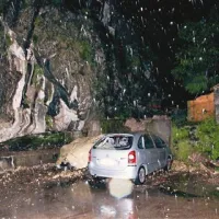 Avto na levi (pokrit s ponjavo) je skala zmečkala, desnega pa močno potolkla