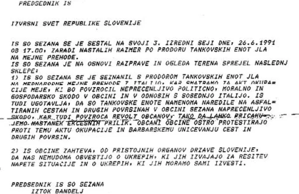 Sporočilo Iztoka Bandlja 26. junija  ob 21.10 slovenski vladi o položaju na Sežanskem
