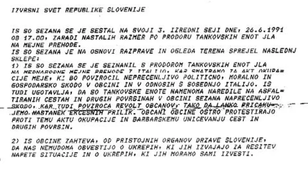 Sporočilo Iztoka Bandlja 26. junija  ob 21.10 slovenski vladi o položaju na Sežanskem