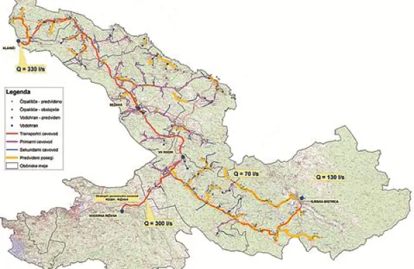 Projekt bo povezal tri vodovode: kraškega (zgoraj), ilirskobistriškega (desni krak) in istrskega (spodaj levo). Predvidene naložbe so označene z rumeno črto.