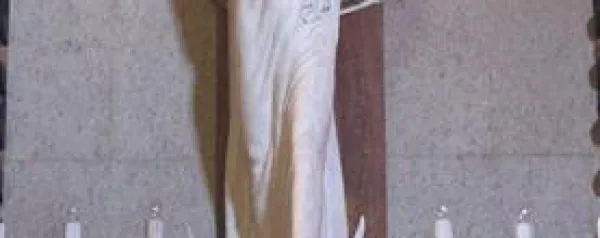 Beli kip Marije z  nogo na glavi premaganega hudiča je nastal na podlagi zadnje knjige Sv. pisma, Razodetja (Apokalipse)