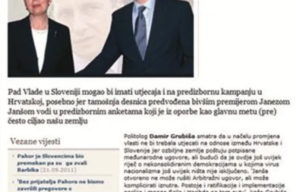 Eden od najbolj branih hrvaških spletnih portalov T-portal opozarja, da bi padec slovenske vlade lahko vplival tudi na predvolilno kampanjo na Hrvaškem zaradi morebitnega izbruha nacionalizma. 
