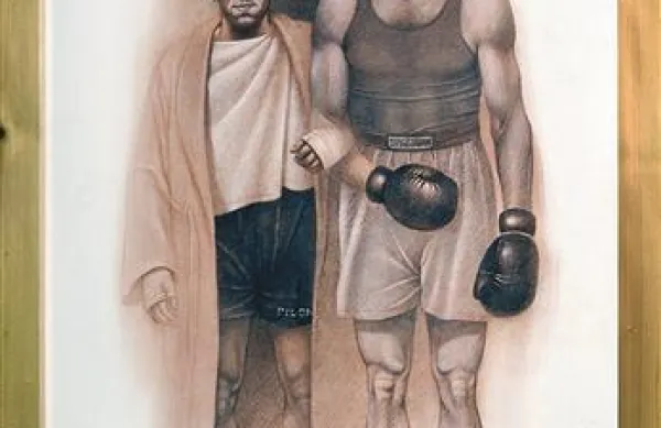 Franco Dugo: Boksarja Veno Pilon in Lojze Spazzapan, rdeča kreda, 100x70 cm, 2011 