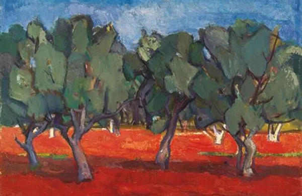 Herman Pečarič: Oljčni gaj z rdečo zemljo, 1962, olje, mavec/platno, 54 x 73 cm