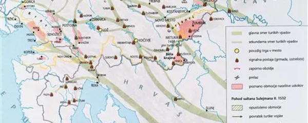 Turški vpadi na slovensko ozemlje v 15. in 16. stoletju - tukaj je viden zgolj del karte, objavljene v atlasu  