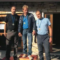 V veteranski kategoriji H so bili najhitrejši: (z leve) Dolenjec Edvard Doljak, kateremu so bile Lože 94. tek sezone, najhitrejši Jadran Nardin in Stane Kogovšek 
