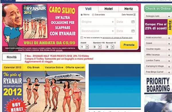 “Dragi Silvio. Priložnost, da izgineš z Ryanairom,” tako enosmerne vozovnice za samo 9,99 evra na svoji spletni strani v italijanščini danes oglašuje letalski prevoznik Ryanair