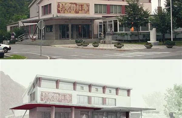 Kulturni dom (zgoraj) nameravajo obnoviti tako, da bodo odstranili zasteklitev, zgradili stopnice in  zamenjali nadstrešek (spodaj). 