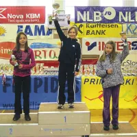 Deklice letnika 2003 s pokali PPT: Lara Likar, Gaja Ahtik, Sara Furlan