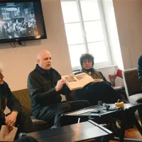 Aleksander Bassin, Dragan Živadinov, Tatjana Rojc in Peter Krečič na predstavitvi zbornika Der Sturm in slovenska historična avantgarda 