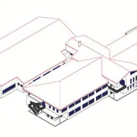 Računalniška simulacije nove šolske stavbe v Podgradu: v pritličju bosta vrtec in prva triada, v nadstropju druga in tretja triada, v stavbi zadaj razširjena telovadnica