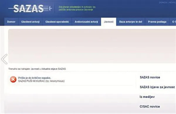 Slovenska veja Anonymousa je napadla spletno stran Sazasa