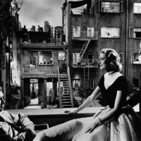  James Stewart, Grace Kelly in  Alfred Hitchcock na snemanju Dvoriščnega okna