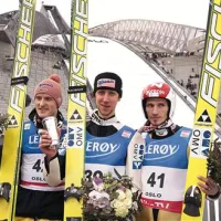 Najboljši včeraj v Oslu, z leve: drugi Severin Freund (Nemčija), zmagovalec  Martin Koch (Avstrija), tretji Robert Kranjec