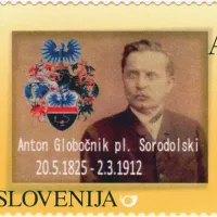 Na drugi znamki z Globočnikom je tudi njegov viteški grb