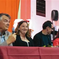 Avtor knjige Peter Zorn, so-urednica in moderatorka večera Vesna Humar, založnik Štefan Krapše in urednica knjige Jasna Humar