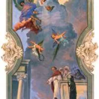 Clemente Del Neri: Mučeništvo sv. Lovrenca z angeli na nebu, 1912, cerkev sv. Lovrenca, Zalošče