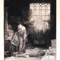 Rembrandt van Rijn: Faust ali alkimist v svojem studiu, jedkanica, suha igla, 1652