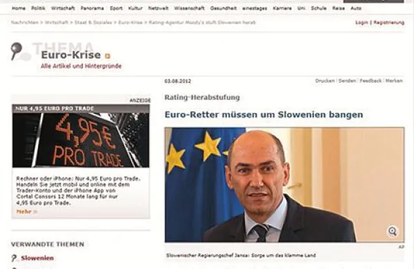 Tisti, ki rešujejo evro, se morajo bati Slovenije, po današnjem znižanju bonitetne ocene naše države s strani hiše Moody's opozarja nemški tednik Der Spiegel