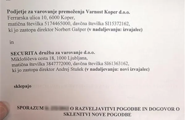 Lastniki lokalov po Kopru, ki jih je doslej  varovala Varnost Koper, so te dni v roke dobili v podpis predlog dogovora o razveljavitvi obstoječe pogodbe in sklenitvi nove z ljubljanskim podjetjem Securita