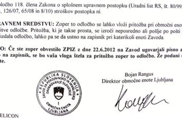 Kot piše v odločbi, se  je zoper njo mogoče pritožiti v 15 dneh