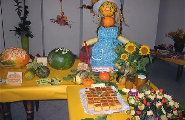 Buče (zelene, rumene in oranžne, progaste, okrogle in podolgovate) ter dobrote iz njih (sladke in slane, kuhane in pečene) na  razstavi v vaškem domu v Harijah