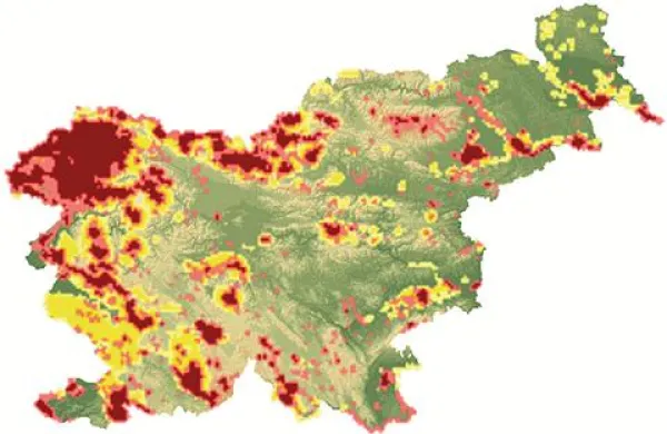 Karta občutljivih območij za ptice: z rdečo barvo so označena območja, kjer je po prepričanju ornitologov povsem nedopustno graditi vetrne elektrarne, z rumeno pa tista, ki so zmerno občutljiva za ptice