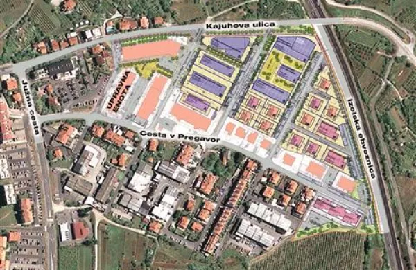 Izolska obrtno-stanovanjska cona. Z oranžno so obrarvani že zgrajeni objekti, z modro, roza in rumeno pa načrtovani.  