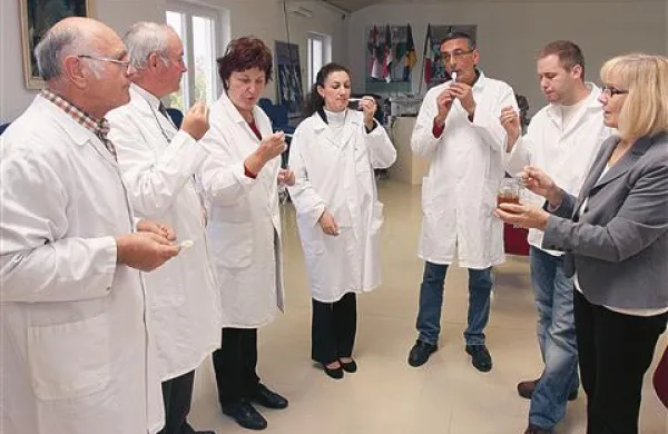 Letošnji ocenjevalci medu med usklajevanjem (od leve) Ivan Atelšek, Ernest Penko, Malči Božnar, Maria Luisa Zorati, Jugoslav Logar, Rok Čekada in Terezija Golob