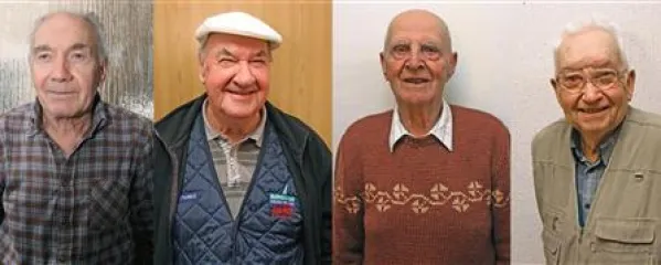 Nekateri od še živečih rudarjev v vremskih rudnikih premoga (od leve): Viktor Magajna, Franc Ambrožič, Franc Kos in Andrej Magajna