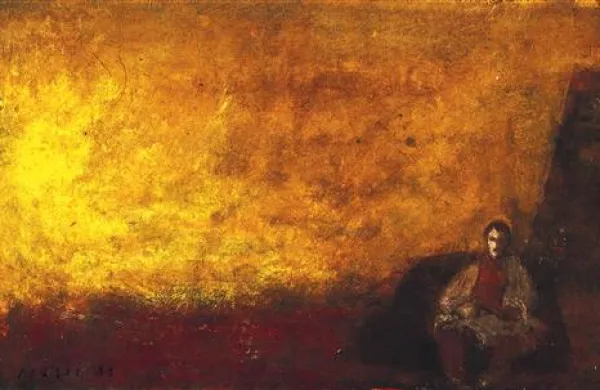 Zoran Mušič: V ateljeju,  1983 olje, papir, 28 x 42 cm, zasebna zbirka, Italija