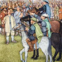 Rudi Skočir: Ilustracija prihoda puntarjev, na kateri prepoznamo solkansko pokopališče. Barvni svinčnik na papir. Ilustracije so last Tolminskega muzeja.    