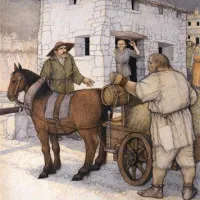 Rudi Skočir: Ilustracija prihoda puntarjev do mitnice, na kateri prepoznamo  kanalsko veduto. Barvni svinčnik na papir. Ilustracije so last Tolminskega muzeja.