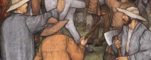 Tolminski punt 1713; avtor risbe: Rudi Skočir; ilustracija Pregljevih Tolmincev (last Tolminskega muzeja) 