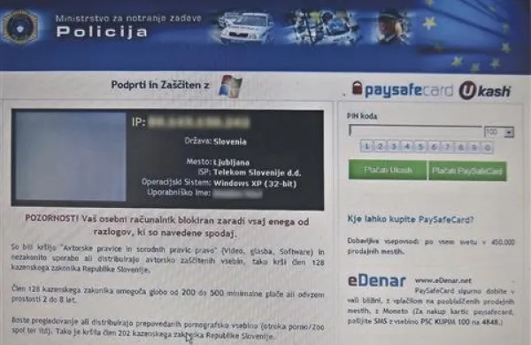 Obvestilo o blokadi računalnika zaradi “kršitve” kazenskega zakonika republike Slovenije