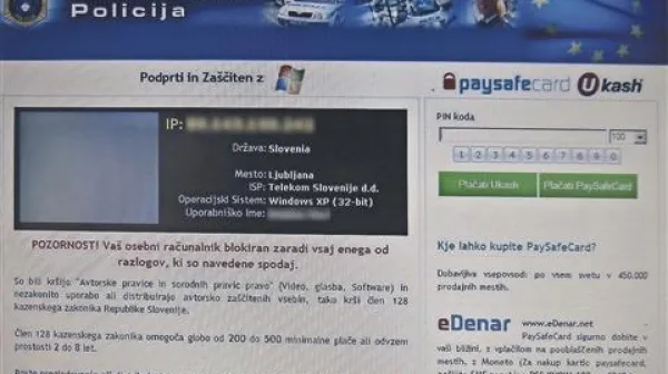 Obvestilo o blokadi računalnika zaradi “kršitve” kazenskega zakonika republike Slovenije