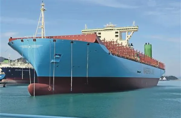  Sveže prepleskana, prva v seriji 20 velikank v korejski ladjedelnici Daewoo čaka na krst. Zanjo so porabili 955.250 litrov “maerskovo” modre in rdeče-rjave barve. Tehta 52.800 ton, samo vsako od dveh sider tehta 31 ton.