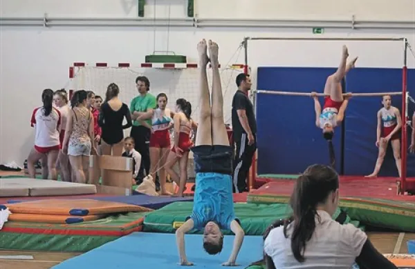 Na DP v orodni gimnastiki v Renčah so bili uspešni tako domačini kot piranski Flip (tekmovalca med vajo) 